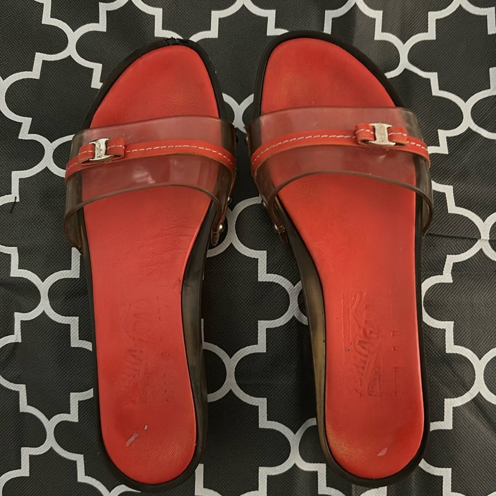 Vintage Salvatore Ferragamo Mango Wood/ PVC Silver Bow Platform Sandals Sz 5B